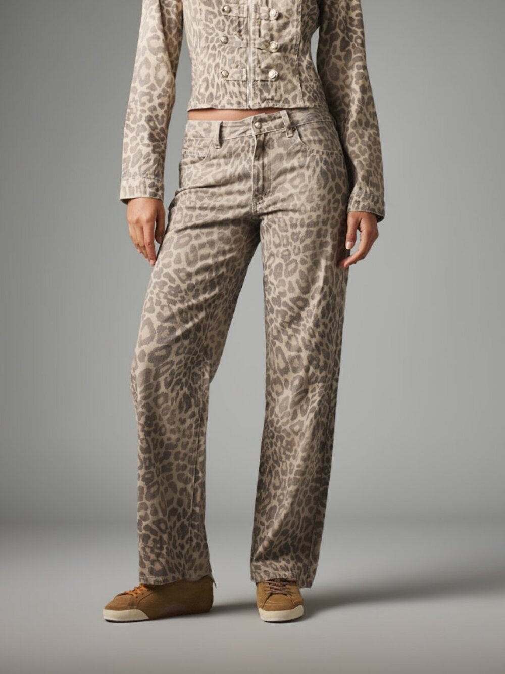 Multicolor Casual Women's Leopard Print Straight Leg Mid Rise Denim Jeans - Picture 2 of 6